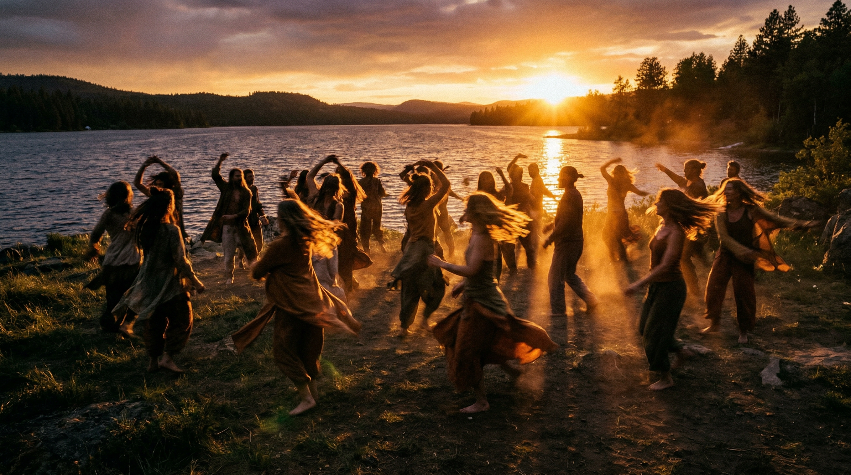 Ecstatic dance movement in golden light