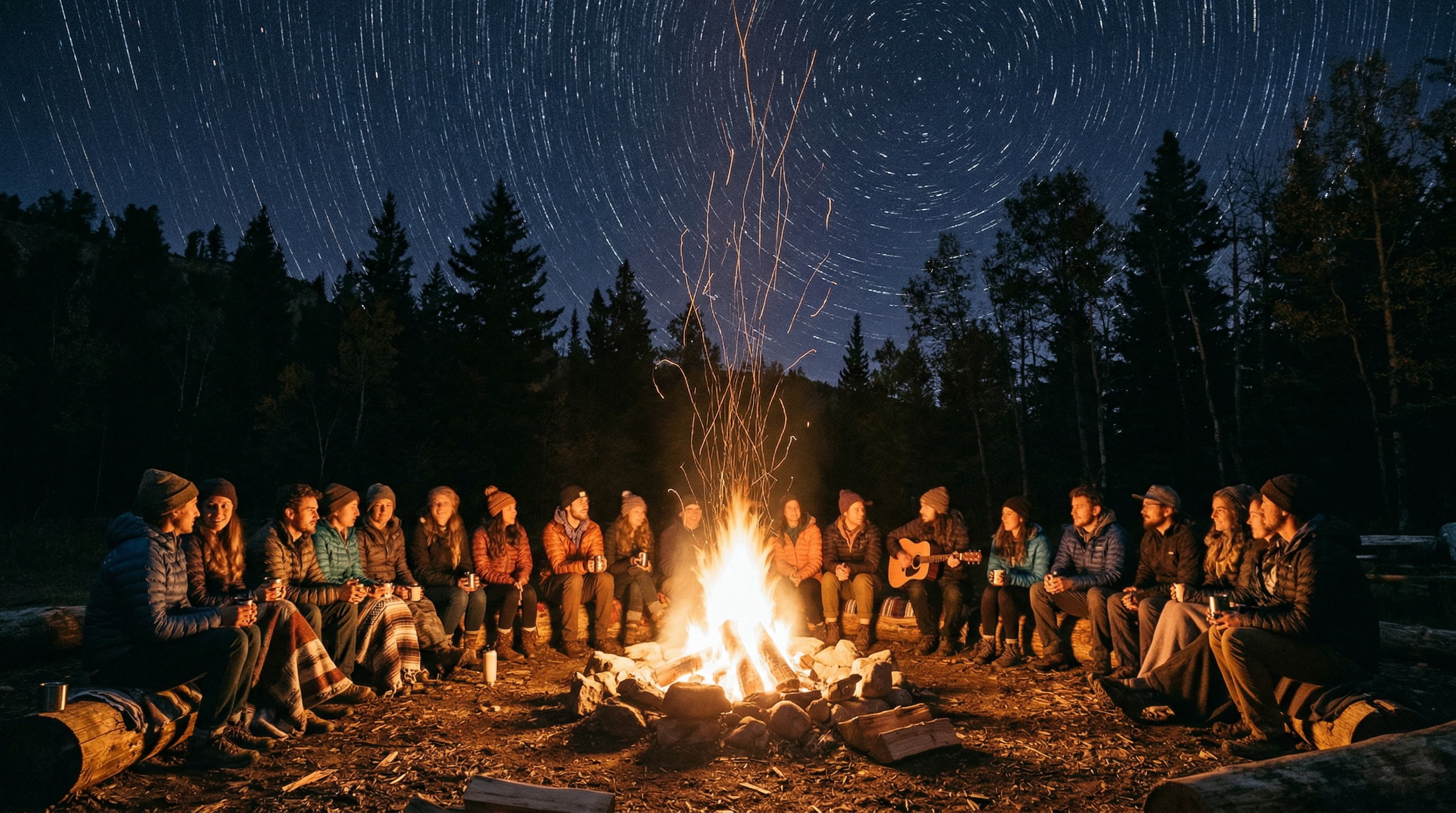 Fire circle ritual at dusk with performers gathered in a ring