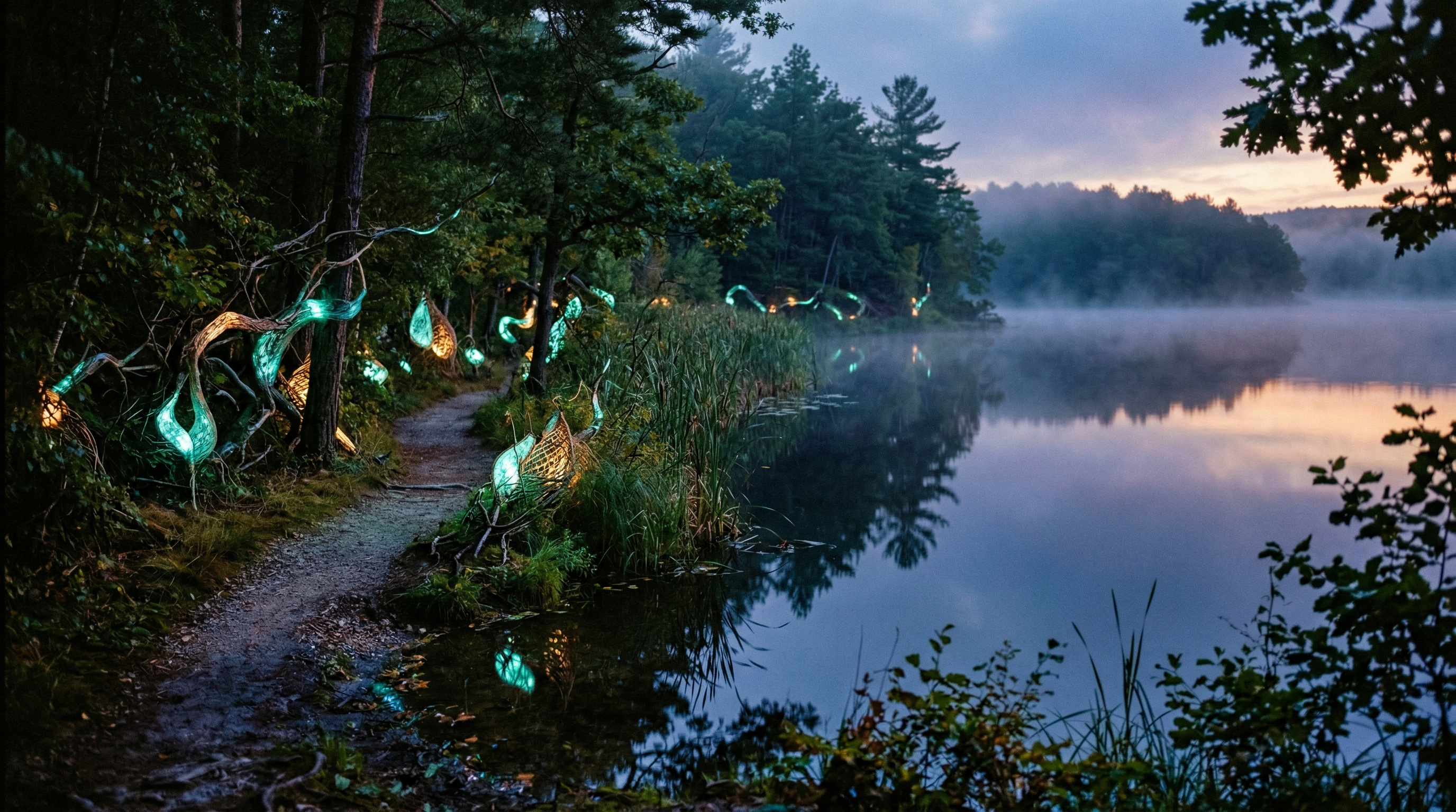 Mystical lakeside scene at twilight, guardians watching over the festival