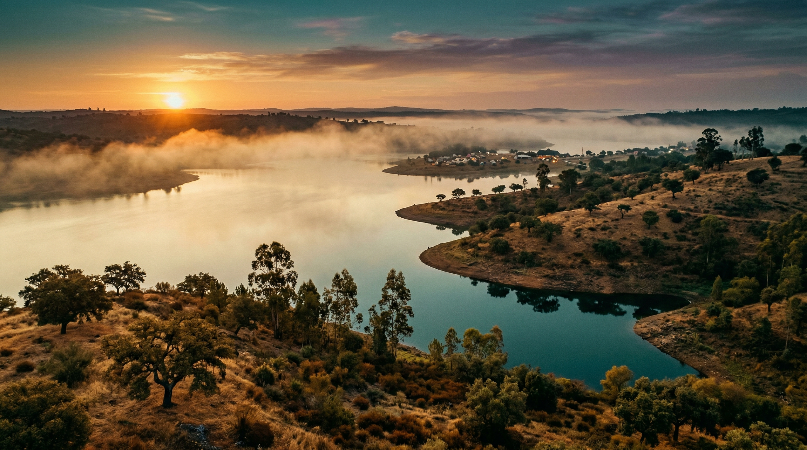 Dawn over the lake at Waking Life festival, warm golden light reflecting on still water