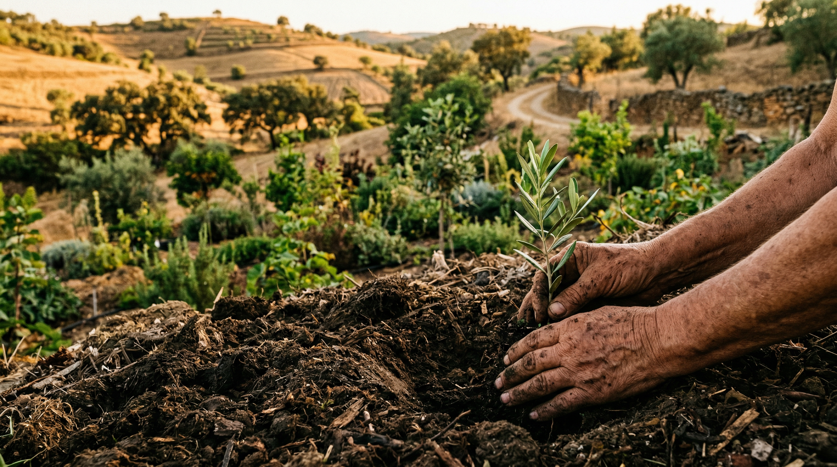 Hands planting in rich dark soil, syntropic farming at work